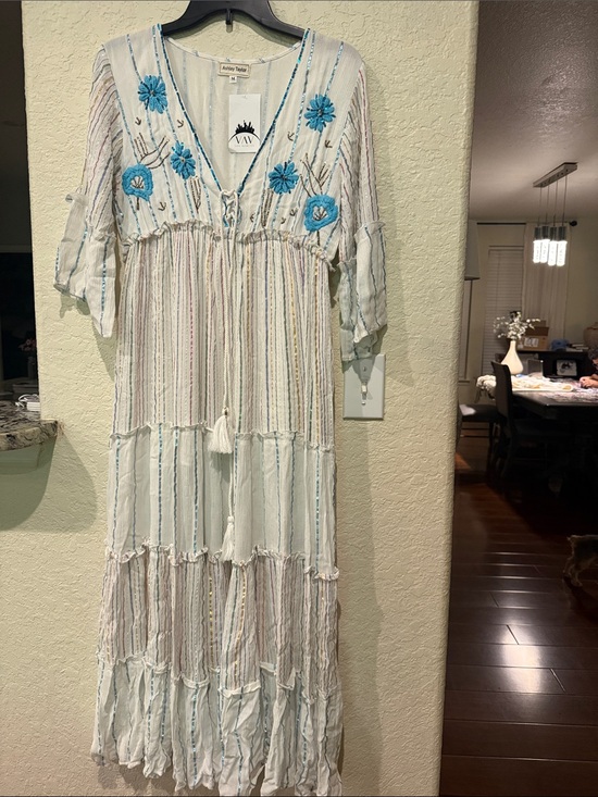 Ashley Taylor Dresses & Skirts - Ashley Taylor White Maxi Dress with Blue Floral Embroidery